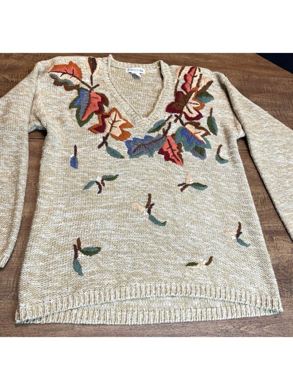 Christina Sweater Fall Leaf Shoulder Pads Womens Large Grannycore Ugly Autumn